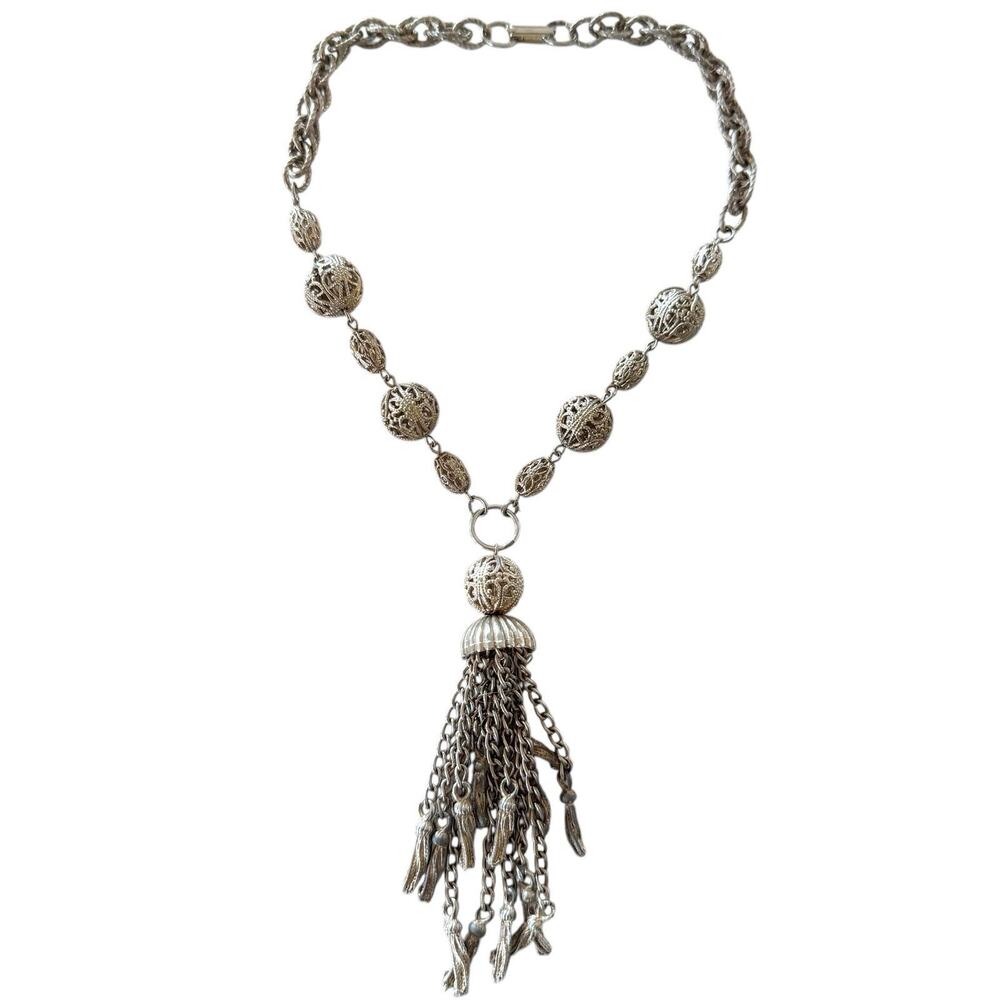 Vintage 1960s Silver Tone‎ Tassel Necklace Collar Length Textured Bobbles